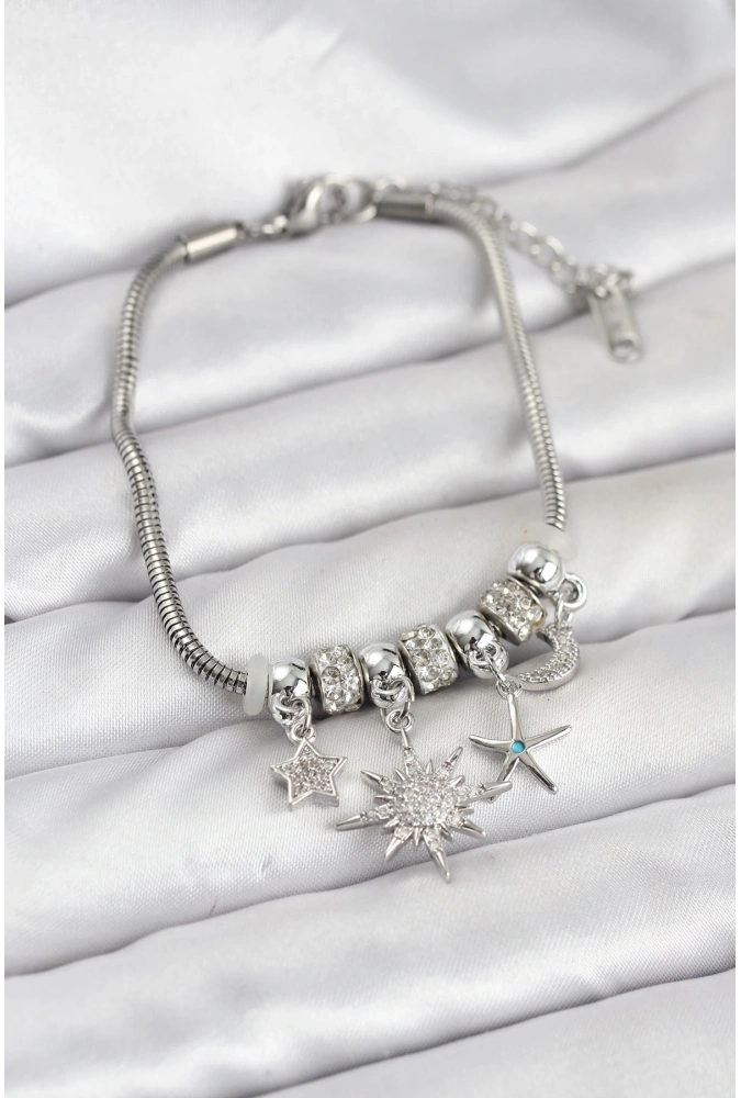 Shoecide Pirinç Gümüş Renk Güneş Tema Charmlı Kadın Bileklik