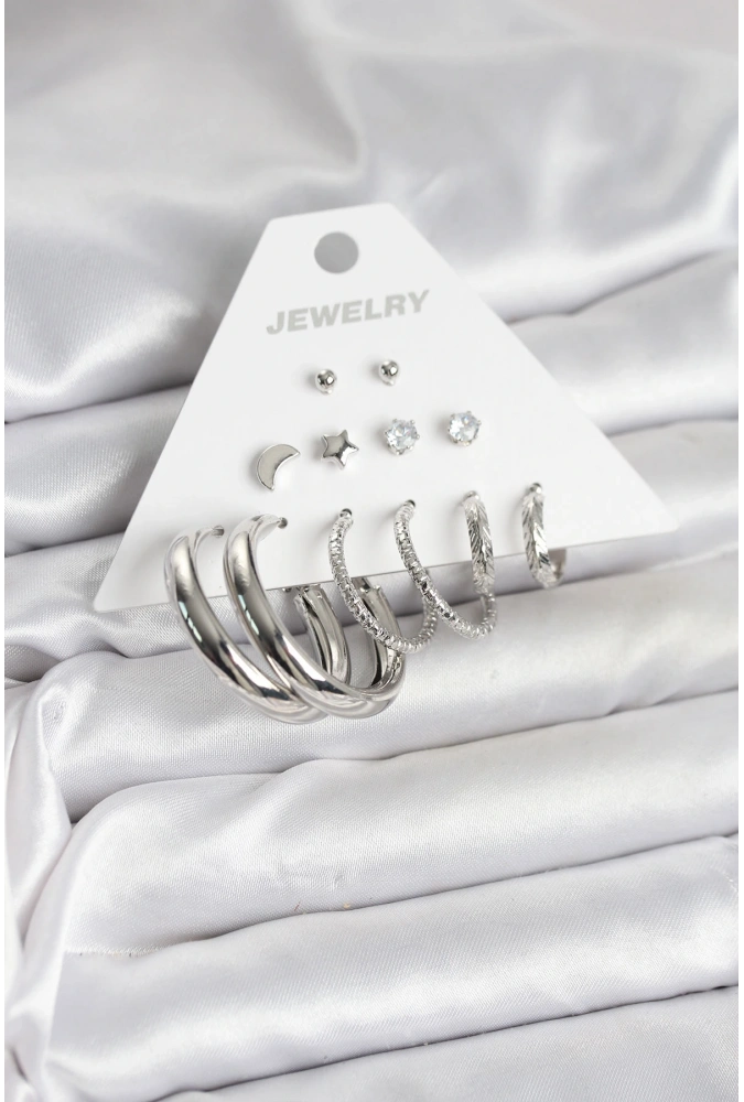 Shoecide Pirinç Gümüş Renk Halka Modelli 6 Çift Kadın Küpe