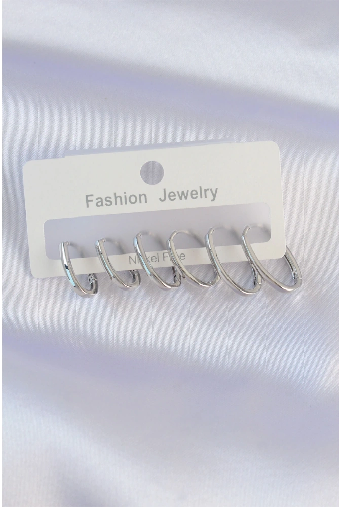 Shoecide Pirinç Gümüş Renk İnce Oval Küpe Seti