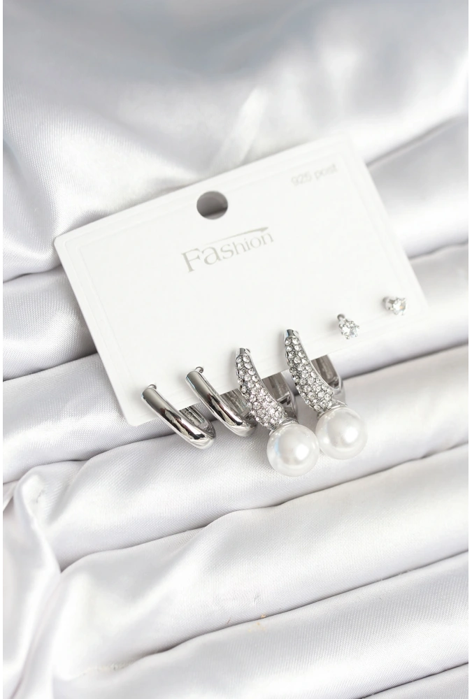 Shoecide Pirinç Gümüş Renk İncili 925 Ayar Gümüş Çivi Kadın Küpe Seti