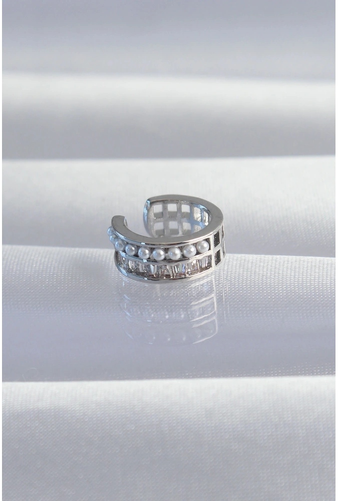 Shoecide Pirinç Gümüş Renk İncili Baget Taşlı Earcuff Küpe