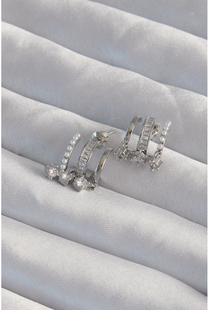 Shoecide Pirinç Gümüş Renk İncili Çoklu Zirkon Taşlı Yarım Halka Küpe