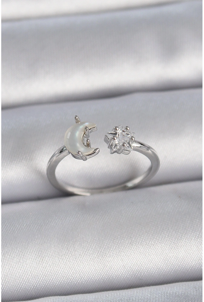 Shoecide Pirinç Gümüş Renk İncili Hilal Zirkon Taşlı Yıldız Ayarlanabilir Kadın Yüzük