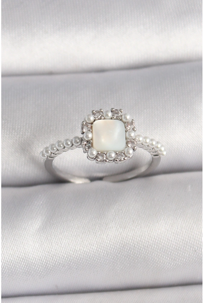 Shoecide Pirinç Gümüş Renk İncili Kare Beyaz Mineli Ayarlanabilir Kadın Yüzük