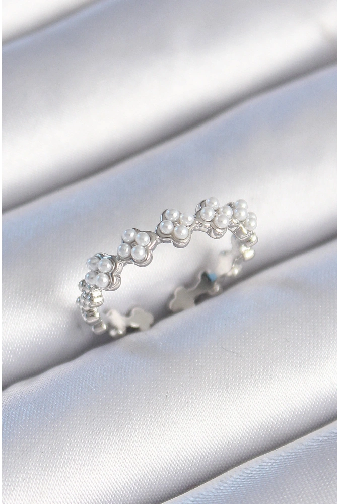 Shoecide Pirinç Gümüş Renk İncili Yonca Model Kadın Yüzük