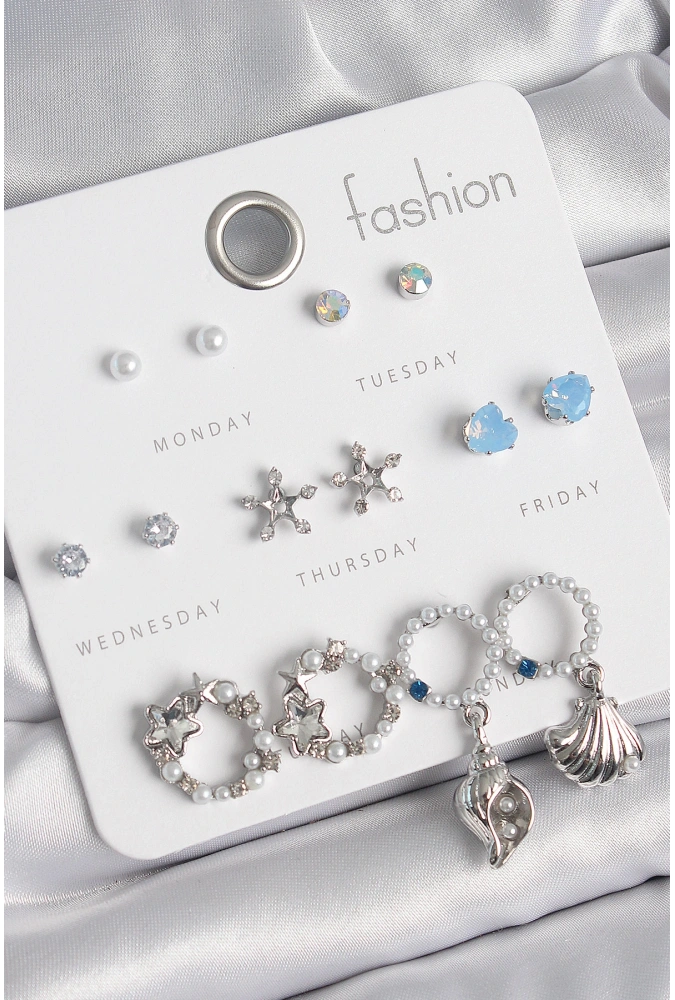 Shoecide Pirinç Gümüş Renk İncli Zirkon Taşlı Halka Figür Yıldız Detay 7 Çift Kadın Küpe Seti