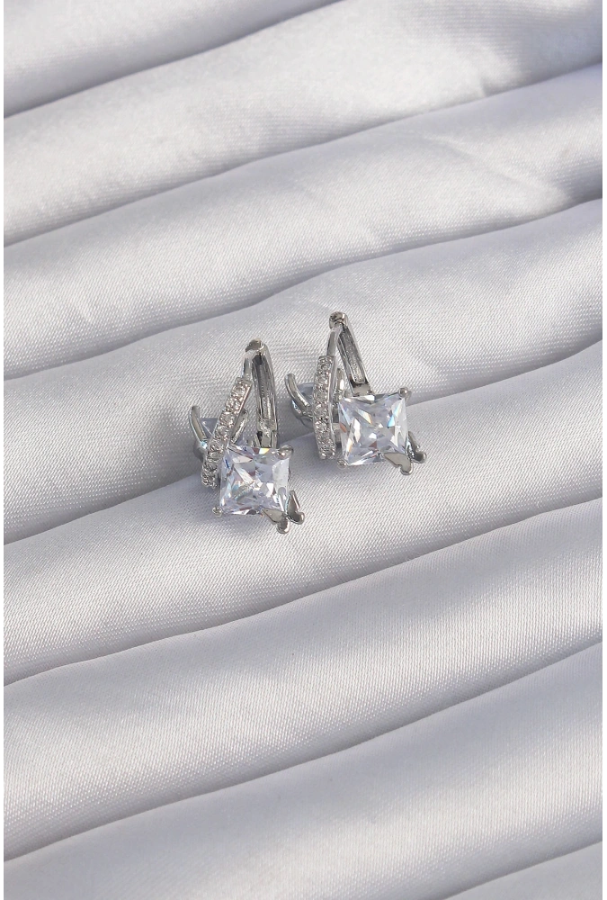 Shoecide Pirinç Gümüş Renk İri Zirkon Taşlı Kıvrımlı Minimal Kelebekli Halka Küpe