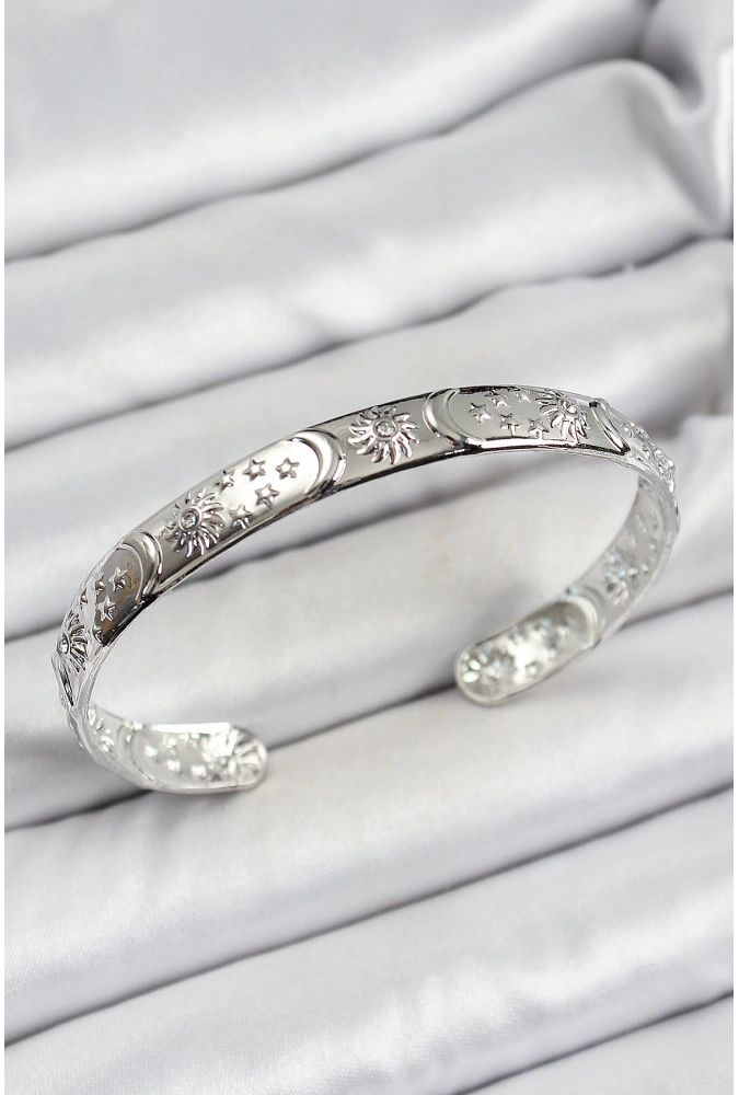 Shoecide Pirinç Gümüş Renk İşlemeli Altı Açık Bileklik