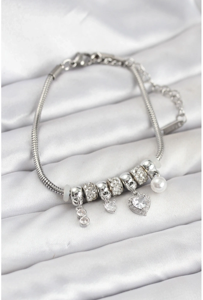 Shoecide Pirinç Gümüş Renk Kalp Charmlı Kadın Bileklik