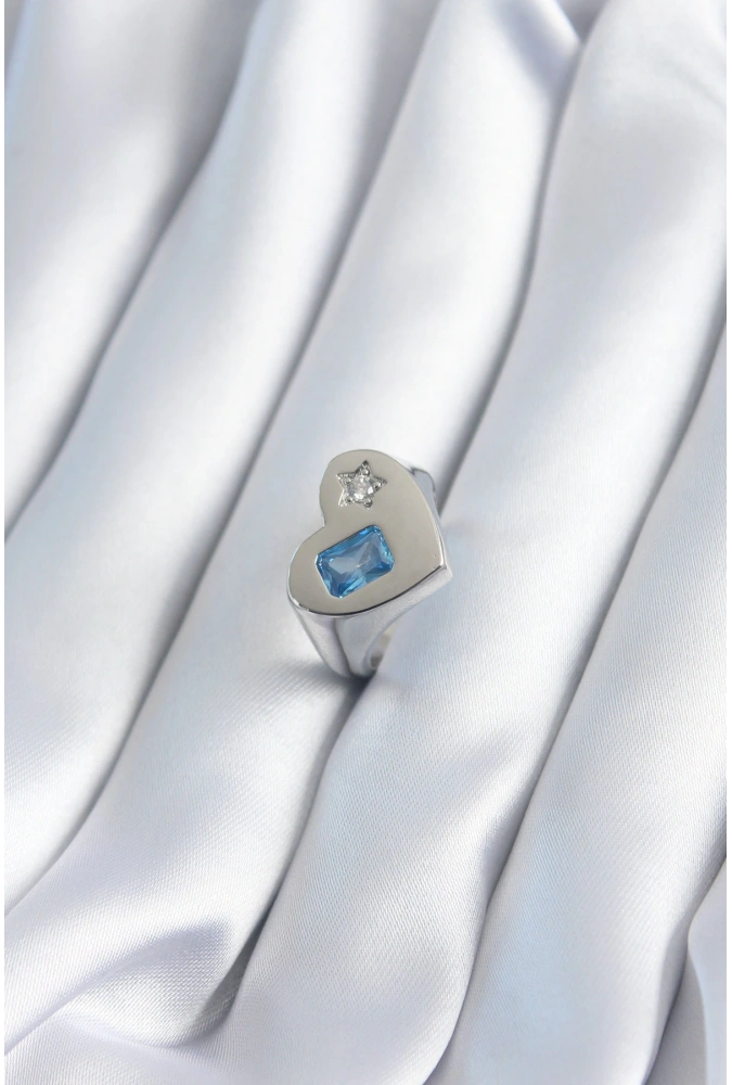 Shoecide Pirinç Gümüş Renk Kalp Model Yıldız Zirkon Taş Detay Kadın Yüzük