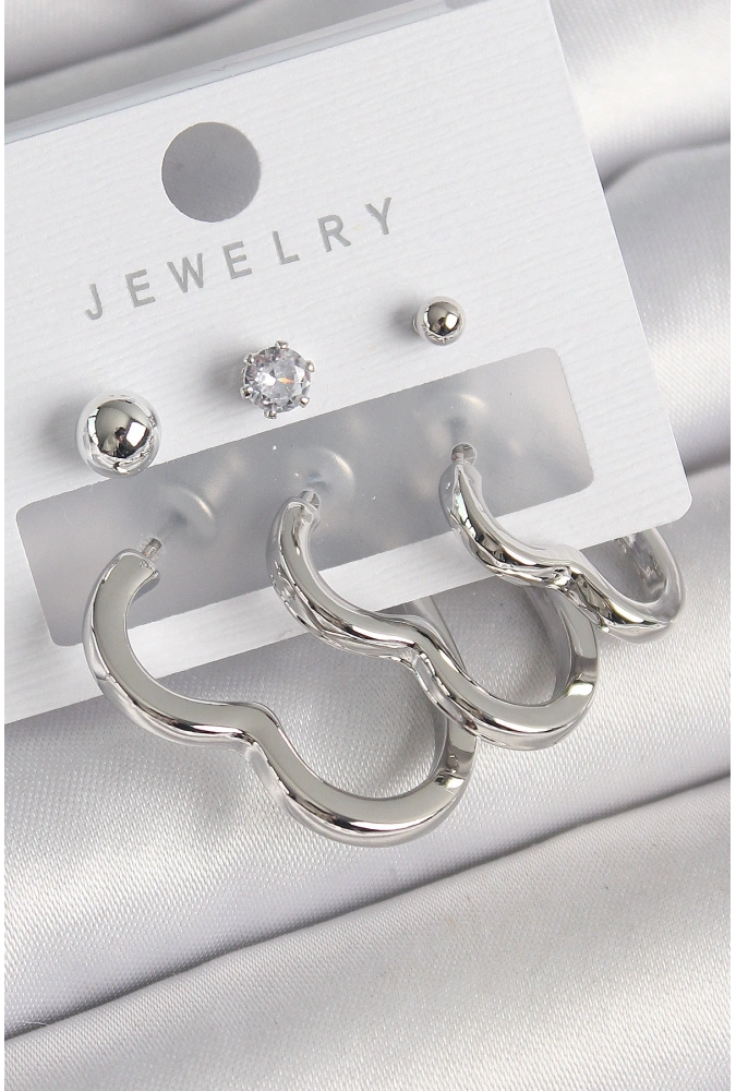 Shoecide Pirinç Gümüş Renk Kalp Model Zirkon Taş Topçuk Detay Kadın Küpe Seti