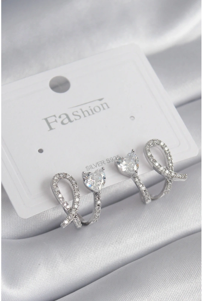 Shoecide Pirinç Gümüş Renk Kalp Model Zirkon Taşlı Kadın Küpe