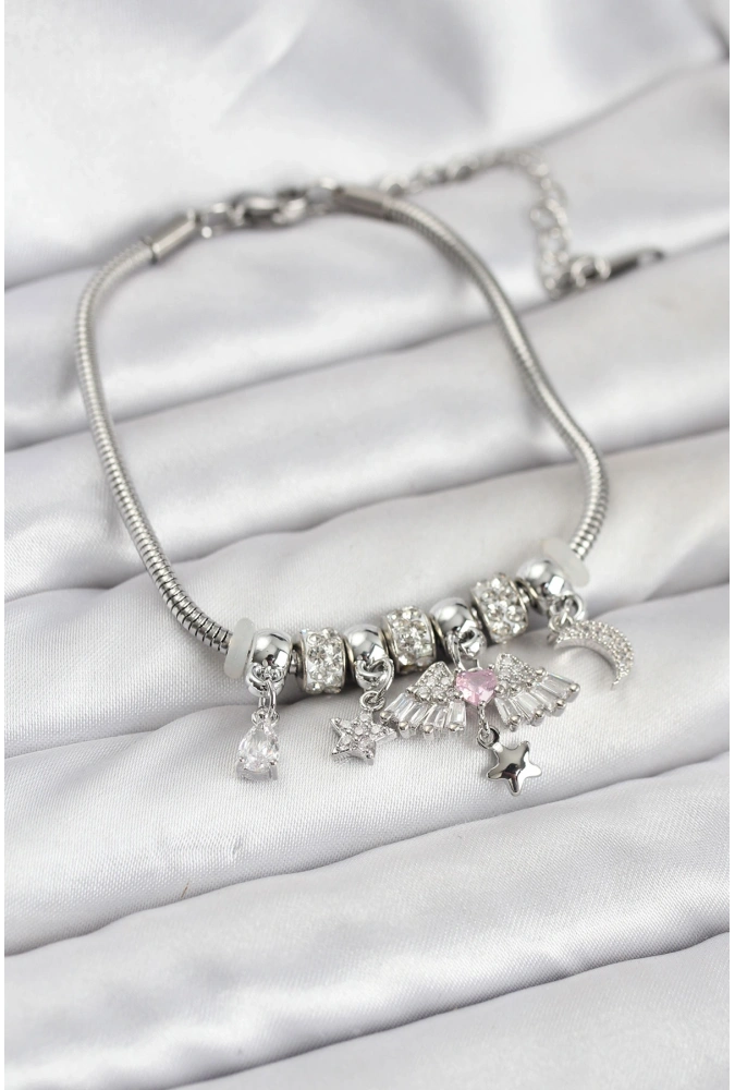 Shoecide Pirinç Gümüş Renk Kanatlı Charmlı Kadın Bileklik