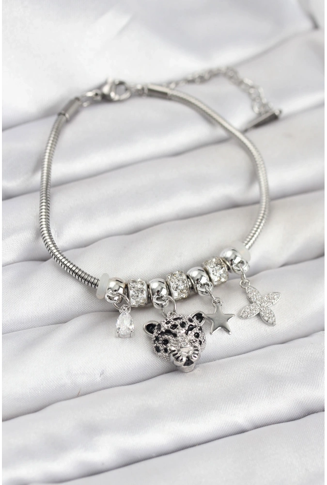 Shoecide Pirinç Gümüş Renk Kaplan Model Charmlı Kadın Bileklik