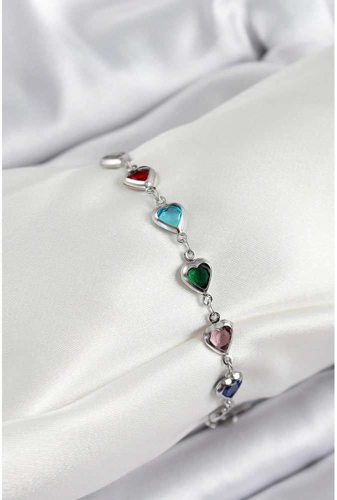 Shoecide Pirinç Gümüş Renk Karışık Renk Kalp Zirkon Taşlı Kadın Bileklik