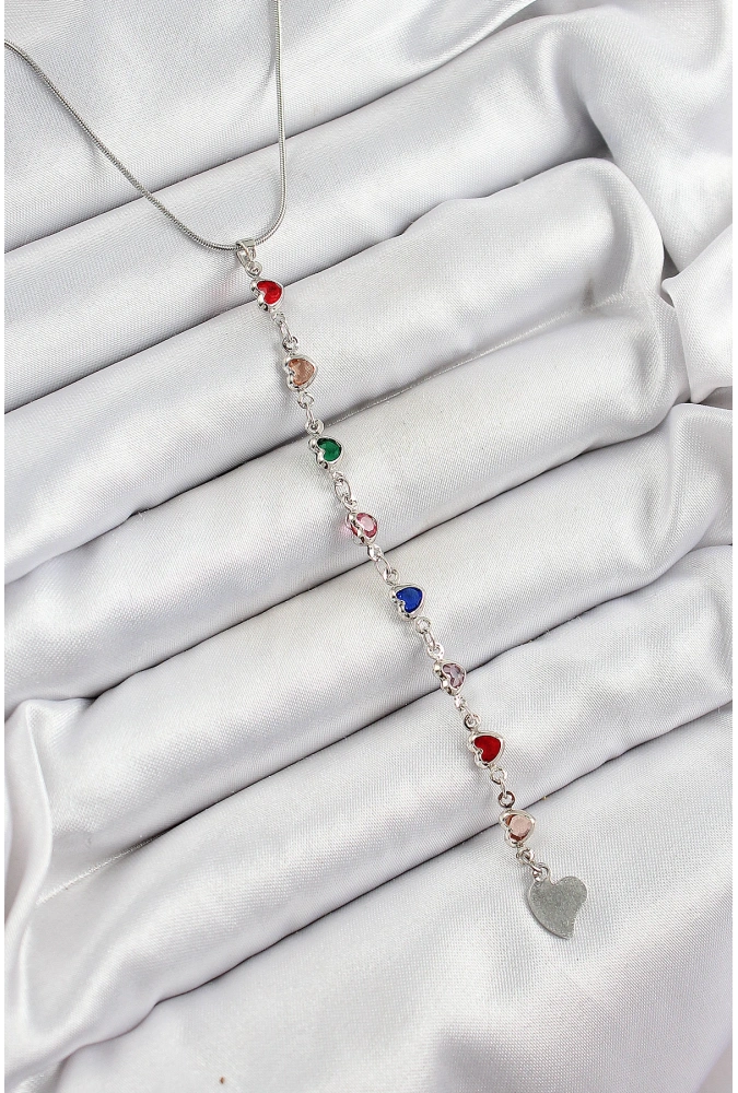 Shoecide Pirinç Gümüş Renk Karışık Renk Zirkon Taşlı Kalpli Y Kadın Kolye