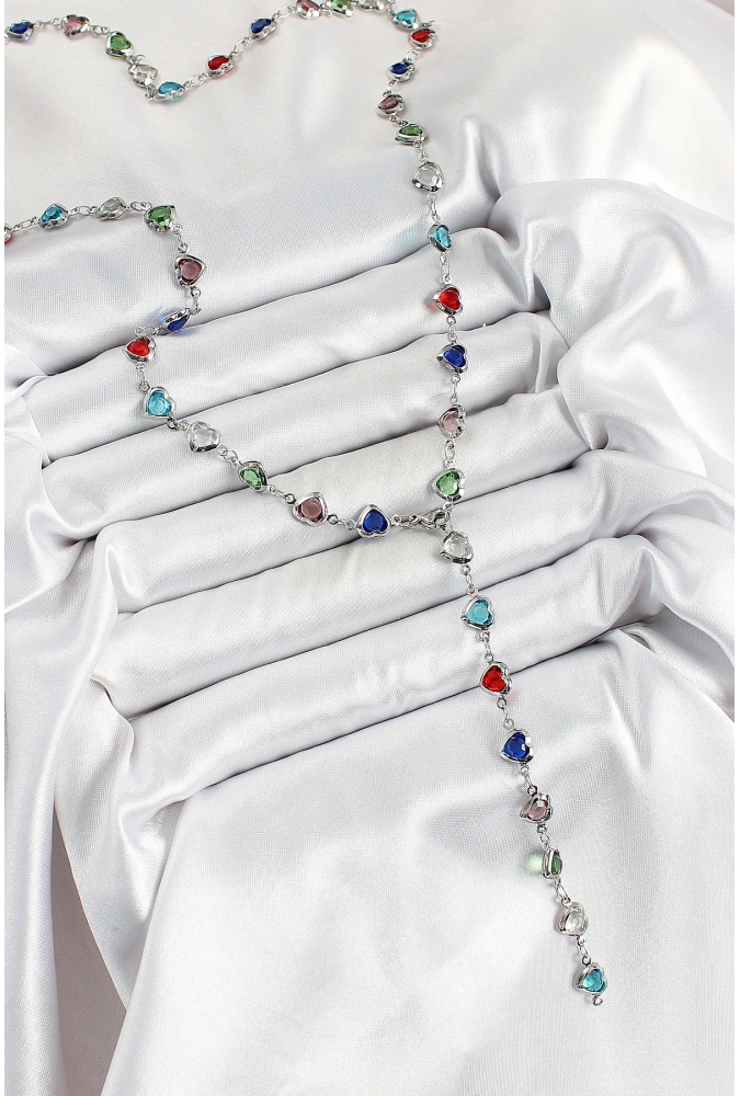 Shoecide Pirinç Gümüş Renk Karışık Renk Zirkon Taşlı Kalpli Y Kadın Kolye