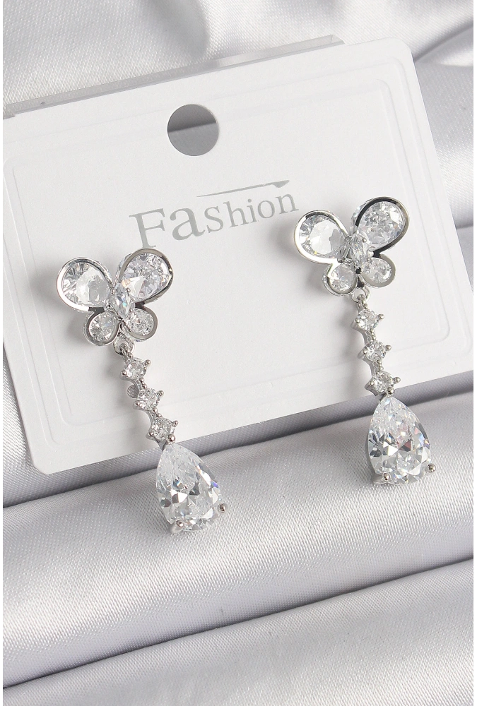 Shoecide Pirinç Gümüş Renk Kelebek Model Sallantı Damla Zirkon Taşlı Kadın Küpe