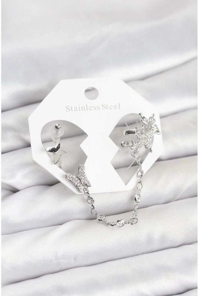 Shoecide Pirinç Gümüş Renk Kelebek Model Zincir Bağlantılı Ear Cuff Küpe Seti