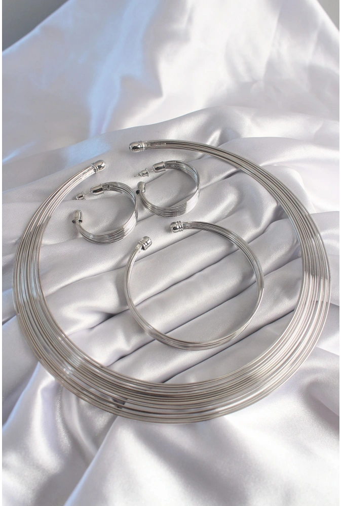 Shoecide Pirinç Gümüş Renk Kolye Küpe Bileklik Seti