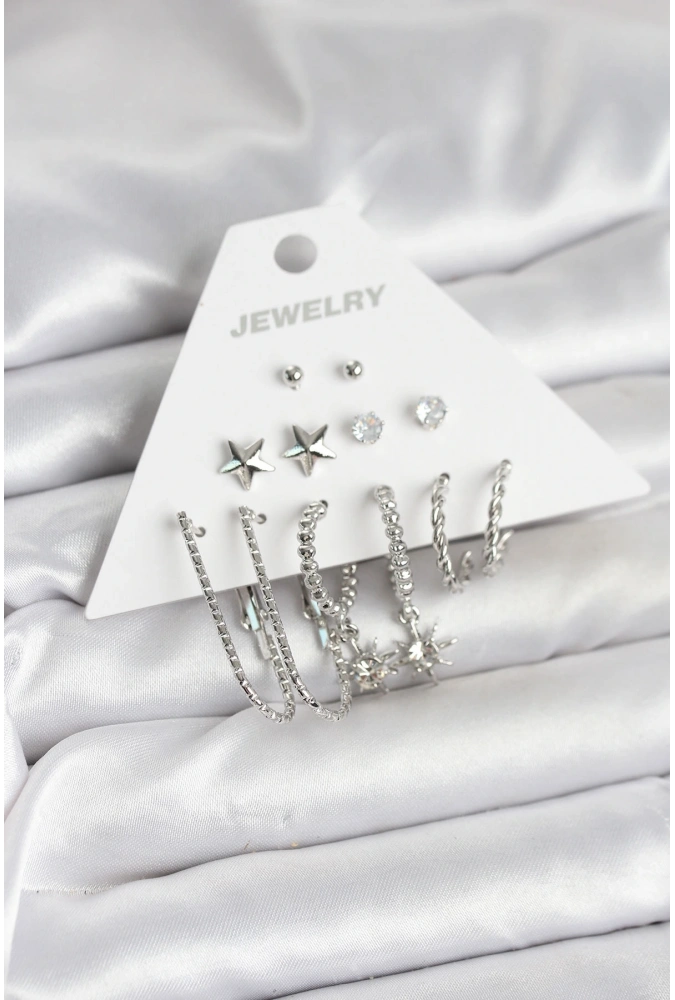 Shoecide Pirinç Gümüş Renk Küpe Seti 6lı