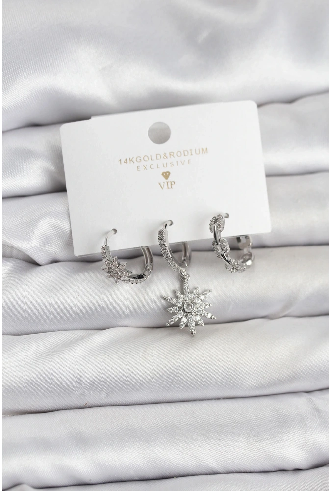 Shoecide Pirinç Gümüş Renk Kutup Yıldızı Model 3lü Kadın Küpe Seti