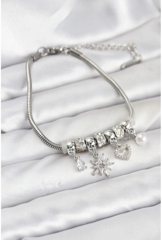 Shoecide Pirinç Gümüş Renk Kutup Yıldızı Ve Kalp Charmlı Kadın Bileklik