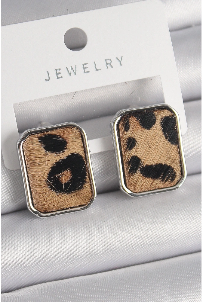 Shoecide Pirinç Gümüş Renk Leopar Desenli Kare Model Kadın Küpe