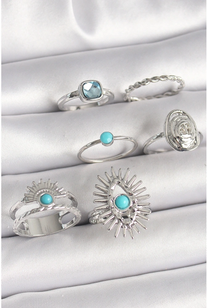 Shoecide Pirinç Gümüş Renk Mavi Taşlı Kare Zirkon Taş Detaylı Kadın Yüzük Kombini