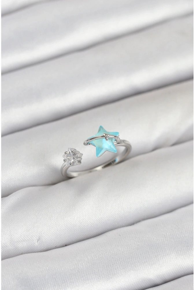 Shoecide Pirinç Gümüş Renk Mavi Yıldızlı Model Kadın Yüzük