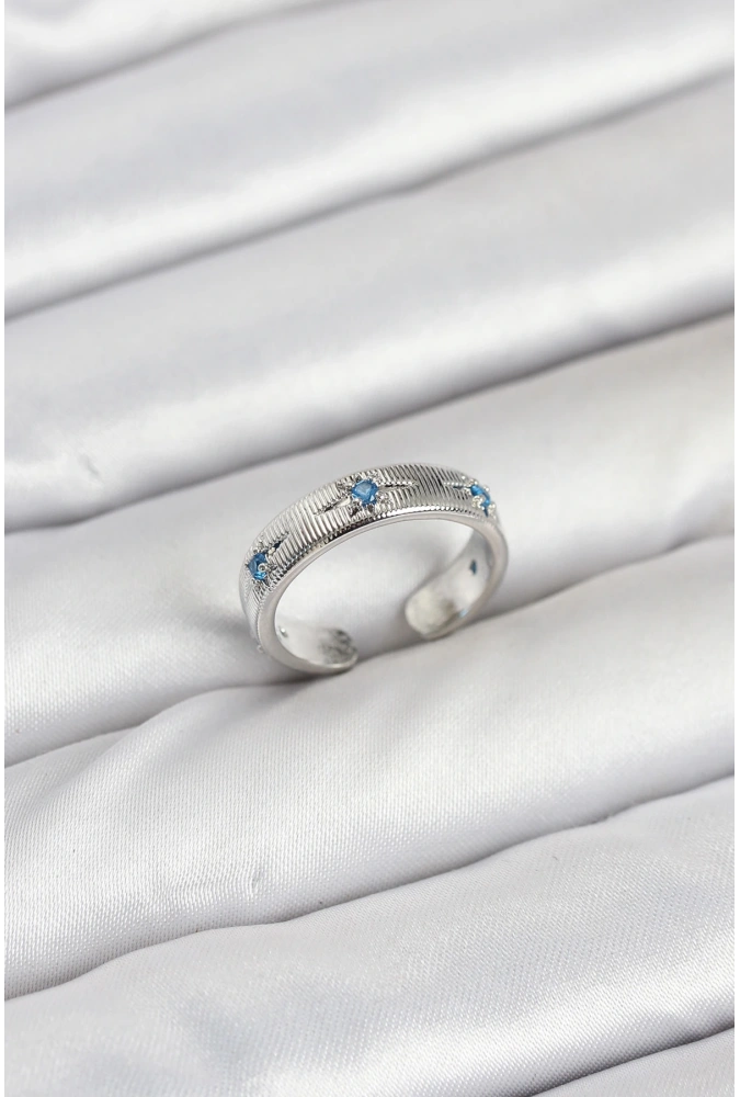 Shoecide Pirinç Gümüş Renk Mavi Zirkon Taşlı Kutup Yıldızı Model Kadın Yüzük