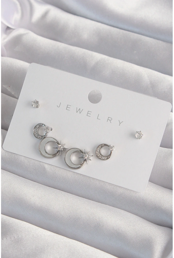 Shoecide Pirinç Gümüş Renk Mineli Zirkon Taşlı Ay Yıldız Model Küpe Seti