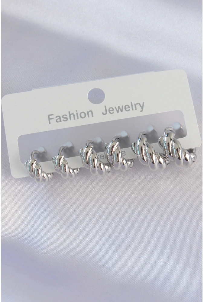 Shoecide Pirinç Gümüş Renk Minimal Tırtıklı Küpe Seti