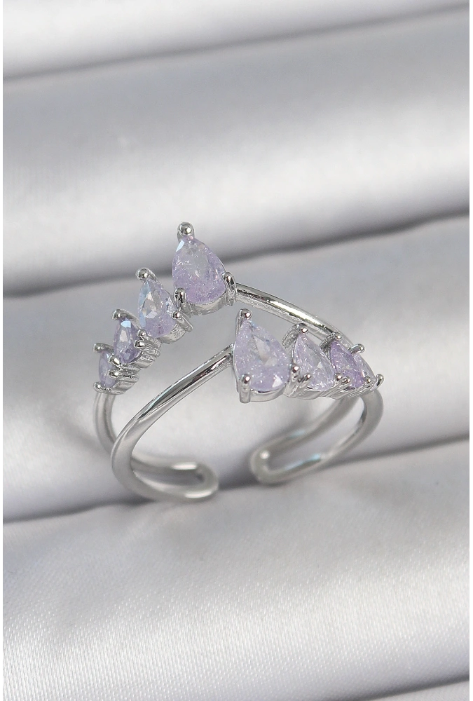 Shoecide Pirinç Gümüş Renk Mor Damla Zirkon Taşlı Taç Model Kadın Yüzük