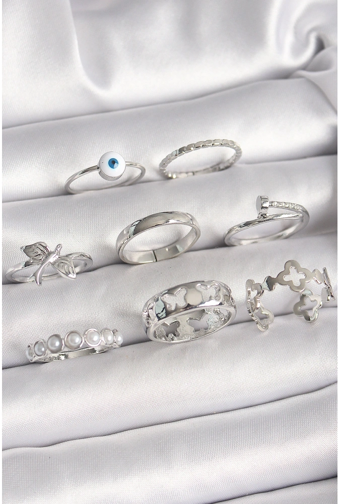 Shoecide Pirinç Gümüş Renk Nazar Boncuk Detay İncili Kelebek İşlemeli Kadın Yüzük Kombini