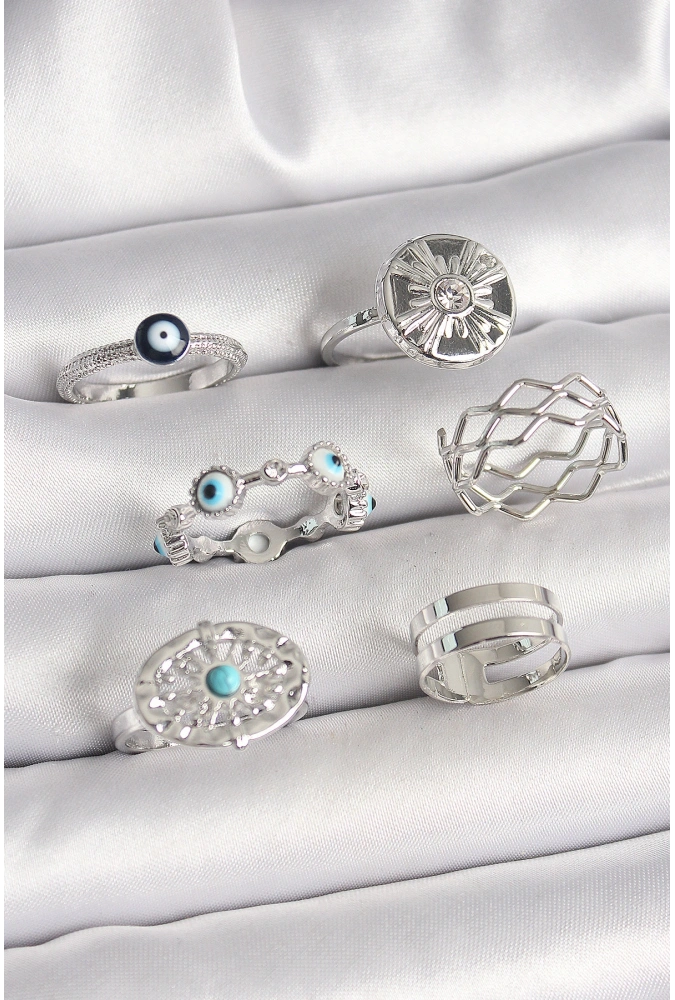 Shoecide Pirinç Gümüş Renk Nazar Boncuk Zirkon Taş Detaylı Dalga Figür Kadın Yüzük Kombini