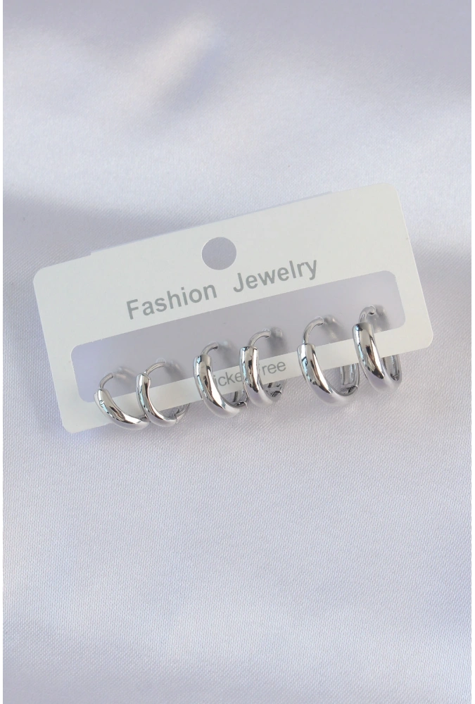 Shoecide Pirinç Gümüş Renk Oval Bombeli Küpe Seti