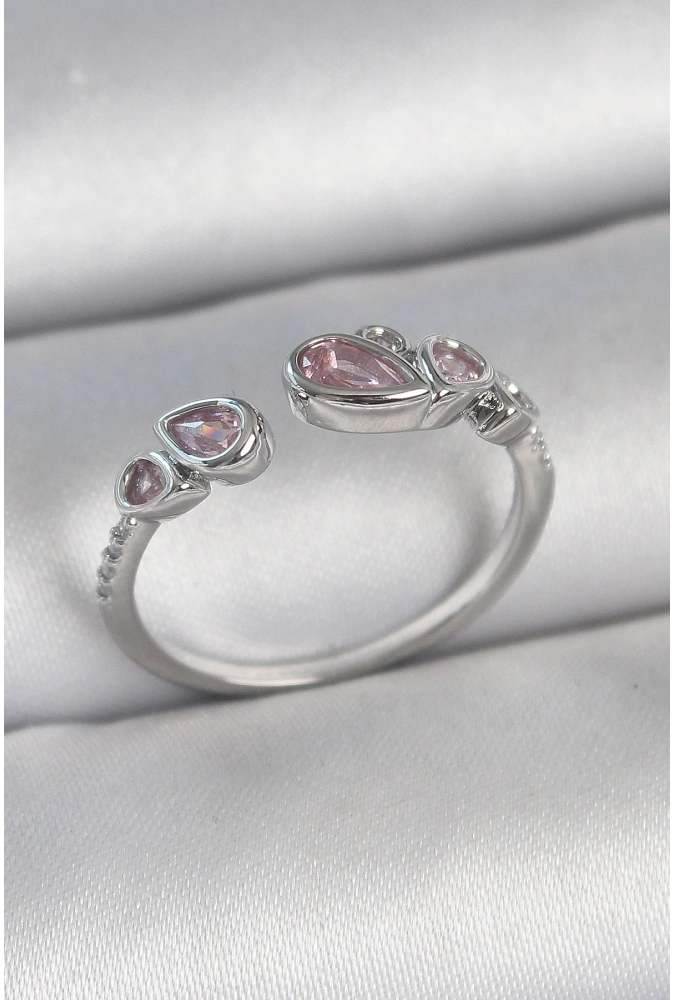 Shoecide Pirinç Gümüş Renk Pembe Damla Zirkon Taşlı Ayarlanabilir Model Kadın Yüzük