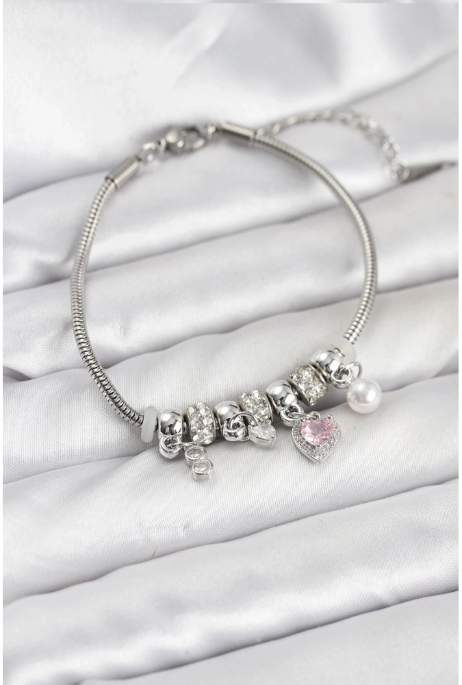 Shoecide Pirinç Gümüş Renk Pembe Kalp Charmlı Kadın Bileklik