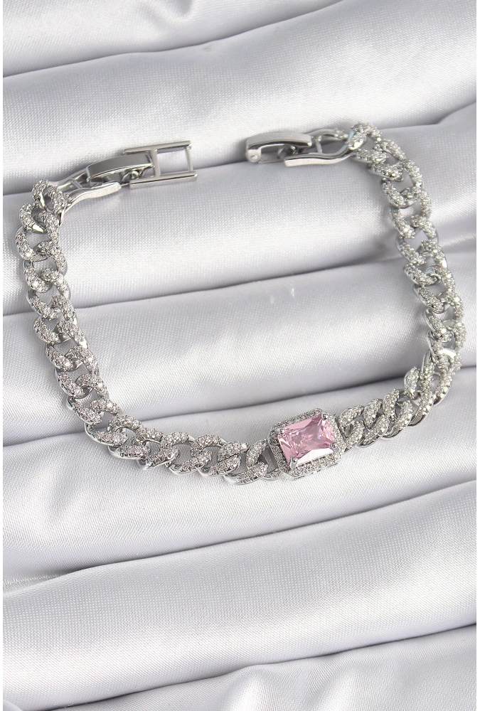 Shoecide Pirinç Gümüş Renk Pembe Kare Zirkon Taşlı Vıp Seri Kadın Bileklik