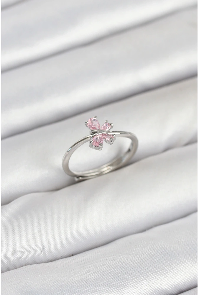 Shoecide Pirinç Gümüş Renk Pembe Kelebek Kadın Yüzük