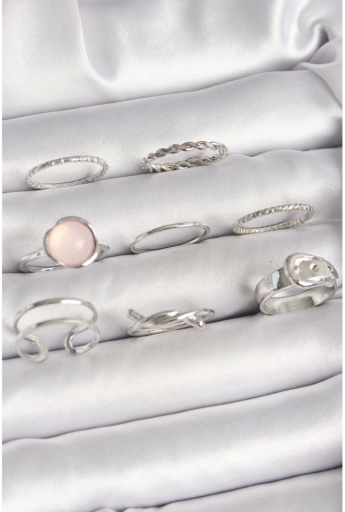 Shoecide Pirinç Gümüş Renk Pembe Mineli Kemer Düğüm Figür Kadın Yüzük Kombini