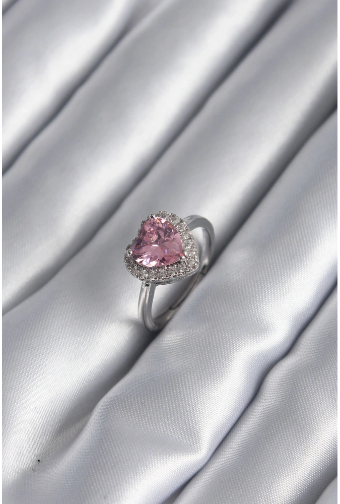 Shoecide Pirinç Gümüş Renk Pembe Zirkon Taş Kalp Charm Model Kadın Yüzük