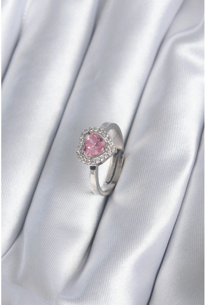 Shoecide Pirinç Gümüş Renk Pembe Zirkon Taşlı Charm Model Kadın Yüzük