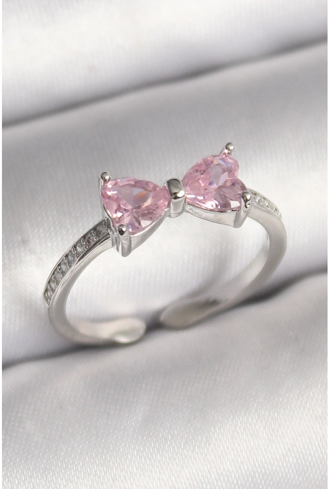 Shoecide Pirinç Gümüş Renk Pembe Zirkon Taşlı Kalp Fiyonk Model Kadın Yüzük