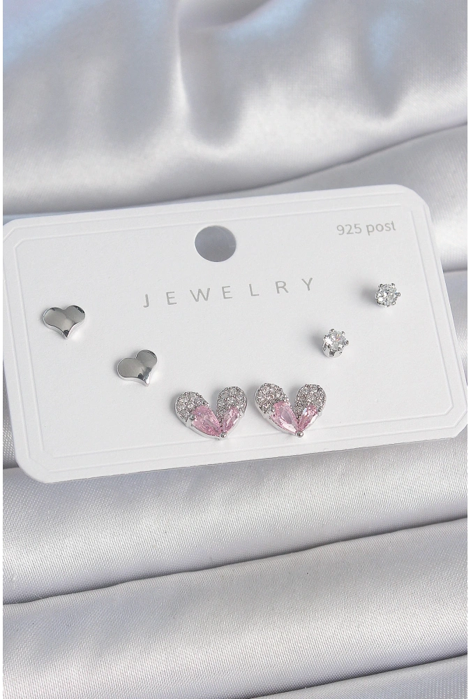 Shoecide Pirinç Gümüş Renk Pembe Zirkon Taşlı Kalp Model 925 Ayar Gümüş Çivi Kadın Küpe Seti