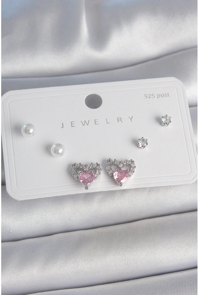 Shoecide Pirinç Gümüş Renk Pembe Zirkon Taşlı Kalp Model İnci Detay 925 Ayar Gümüş Çivi Kadın Küpe Seti