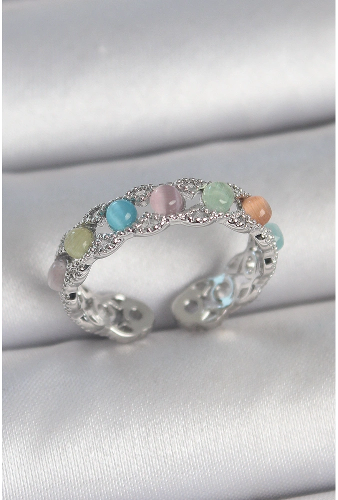 Shoecide Pirinç Gümüş Renk Renkli Mineli Ayarlanabilir Kadın Yüzük