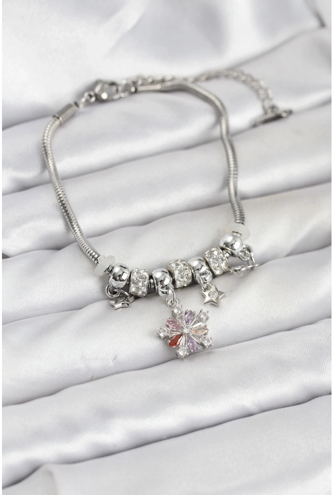 Shoecide Pirinç Gümüş Renk Renkli Yıldız Charmlı Kadın Bileklik