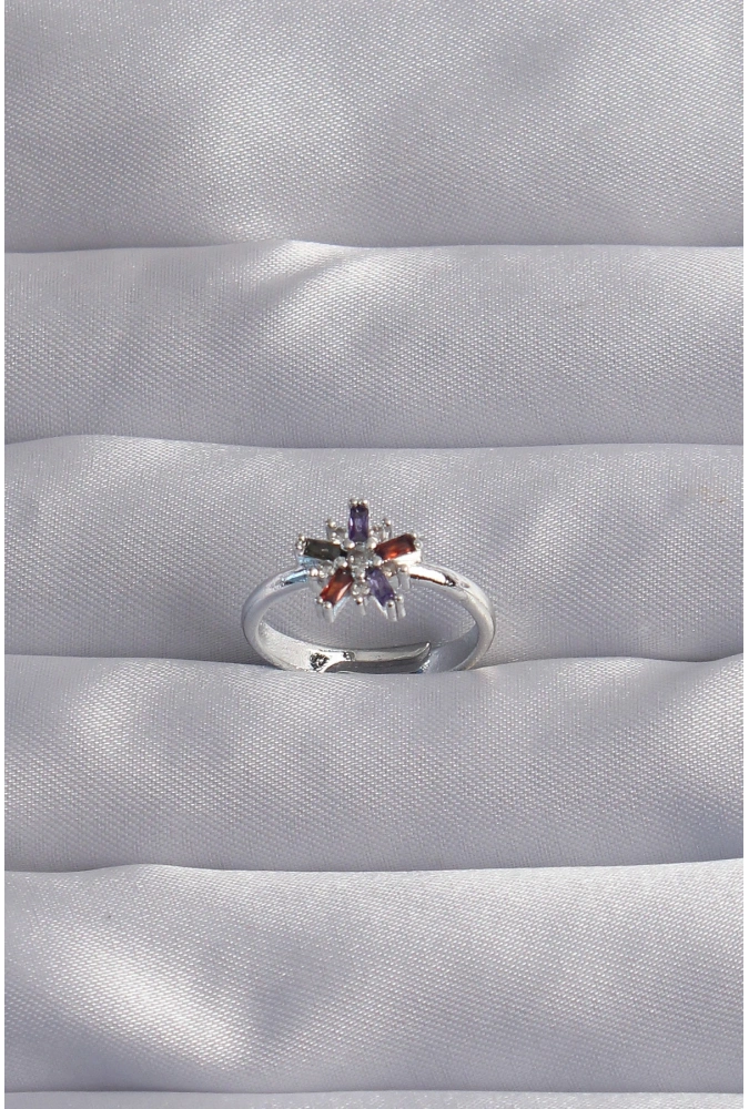 Shoecide Pirinç Gümüş Renk Renkli Zirkon Taşlı Ayarlamalı Yüzük